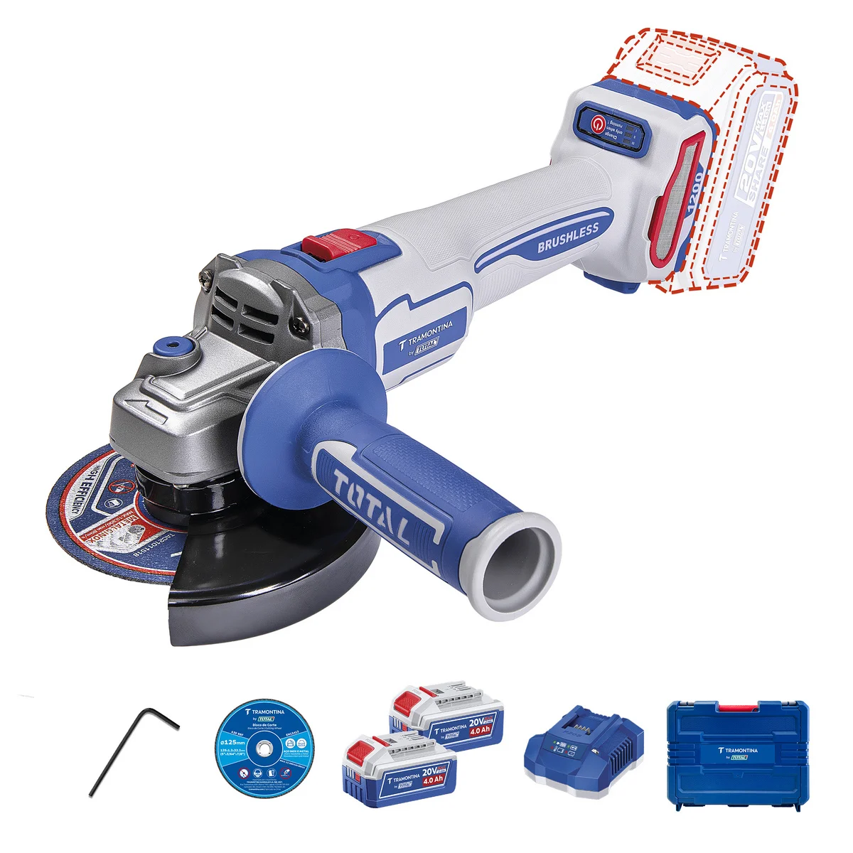 Esmerilhadeira Angular 20V 5" (125 mm) 1200W Brushless Tramontina by Total - Com 2 Baterias 20V de 4,0Ah, Carregador e Maleta