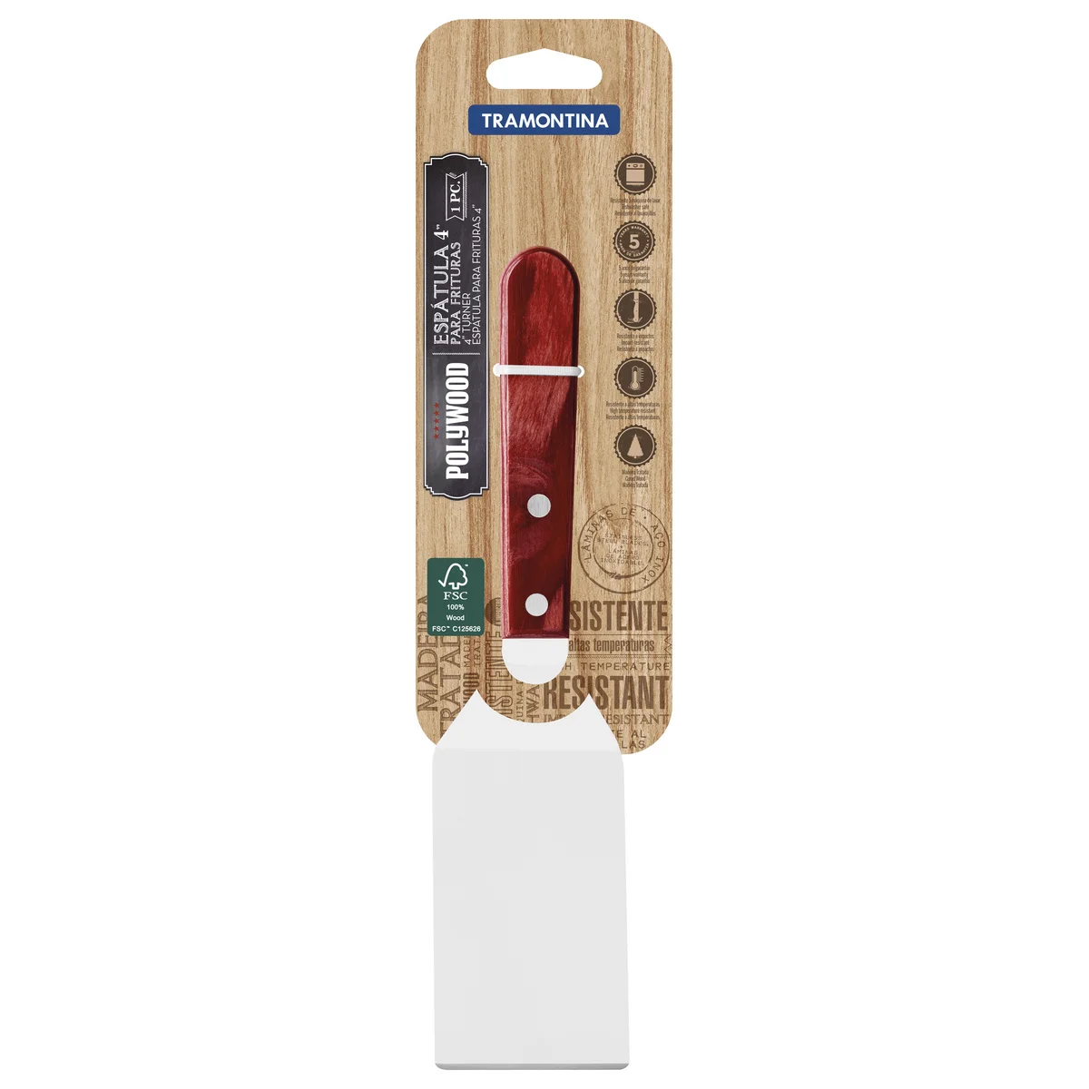 Espátula para Fritura Tramontina com Lâmina em Aço Inox e Cabo em Madeira Tratada Polywood Vermelho 4"