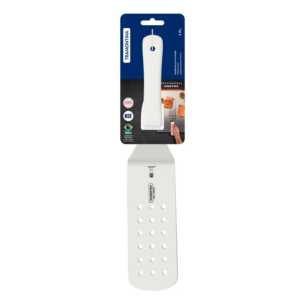 Espátula para Frituras Tramontina Profissional Master com Lâmina de Aço Inox e Cabo em Polipropileno Branco 9x3"