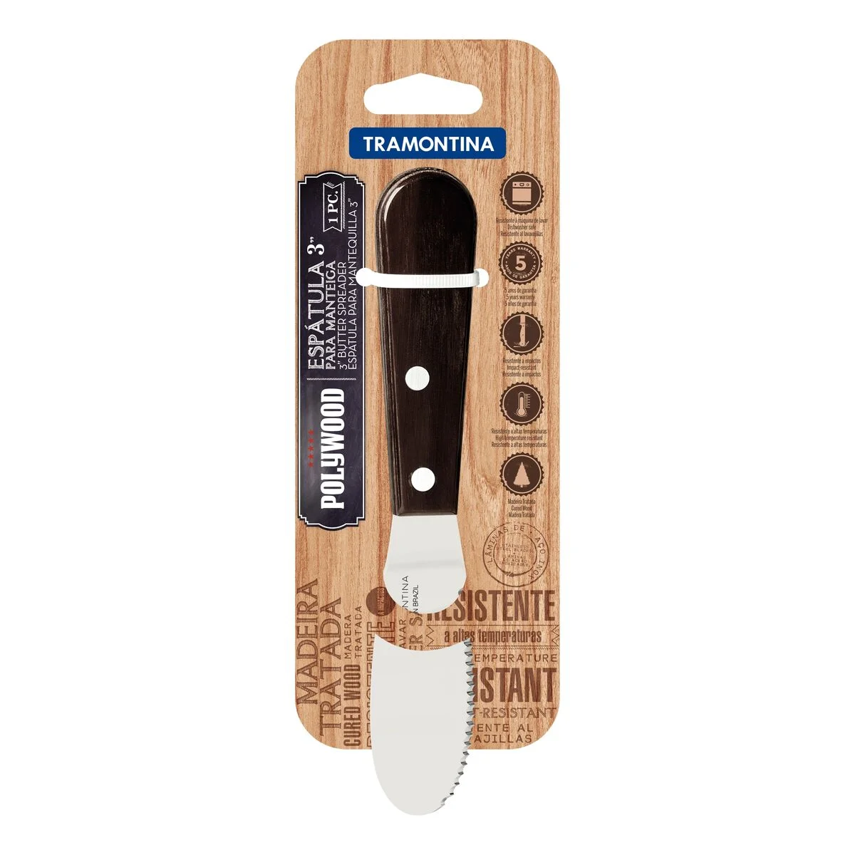 Espátula para Manteiga Tramontina com Lâmina em Aço Inox com Serrilha e Cabo em Madeira Tratada Polywood Castanho 3"