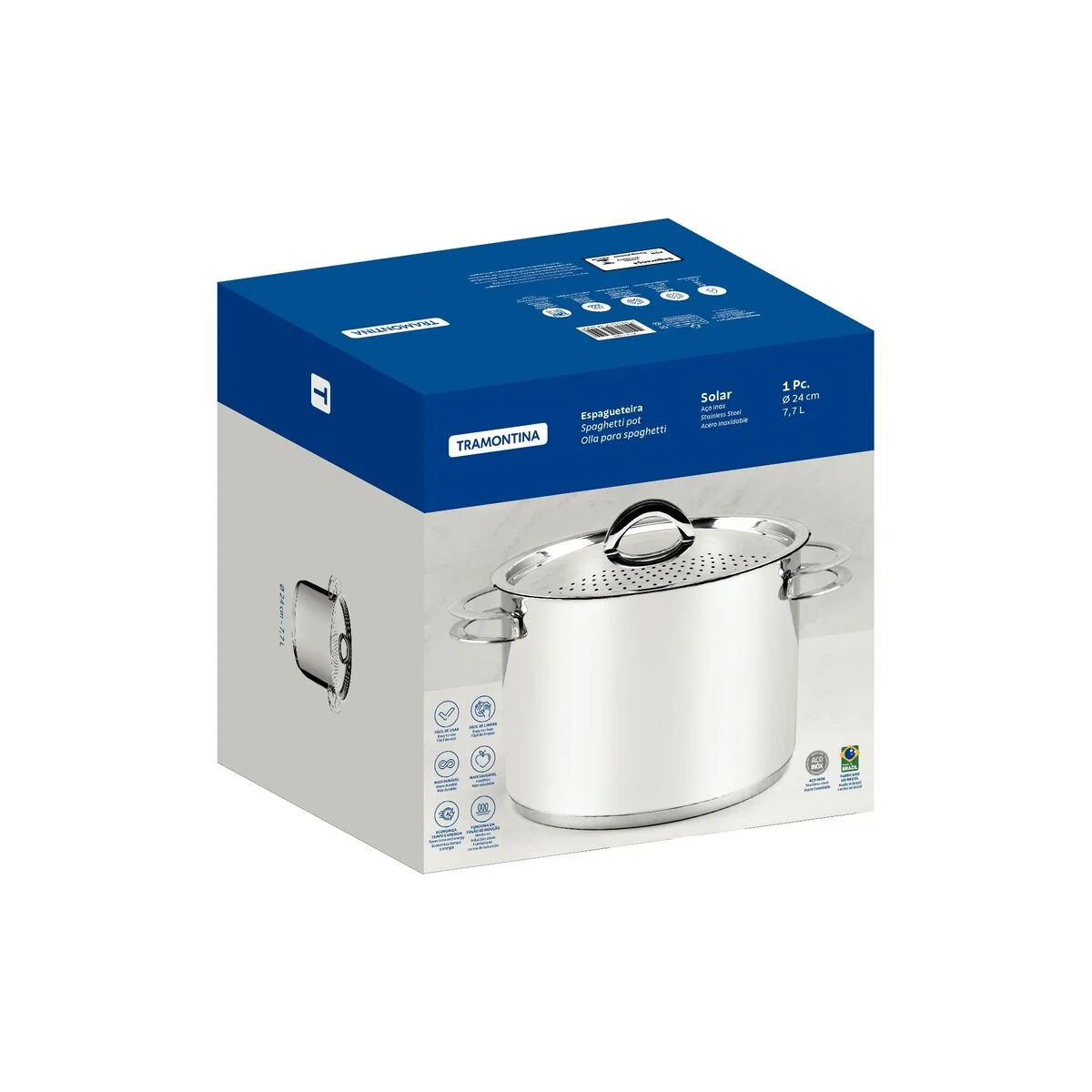 Espagueteira Tramontina Solar em Aço Inox Fundo Triplo com Tampa e Alças 24 cm 7,7 L