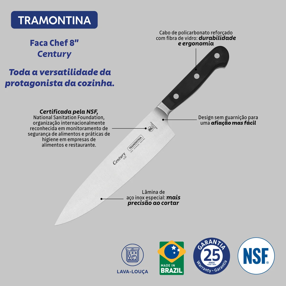 Faca Chef Tramontina Century com Lâmina em Aço Inox e Cabo em Policarbonato e Fibra de Vidro 8"