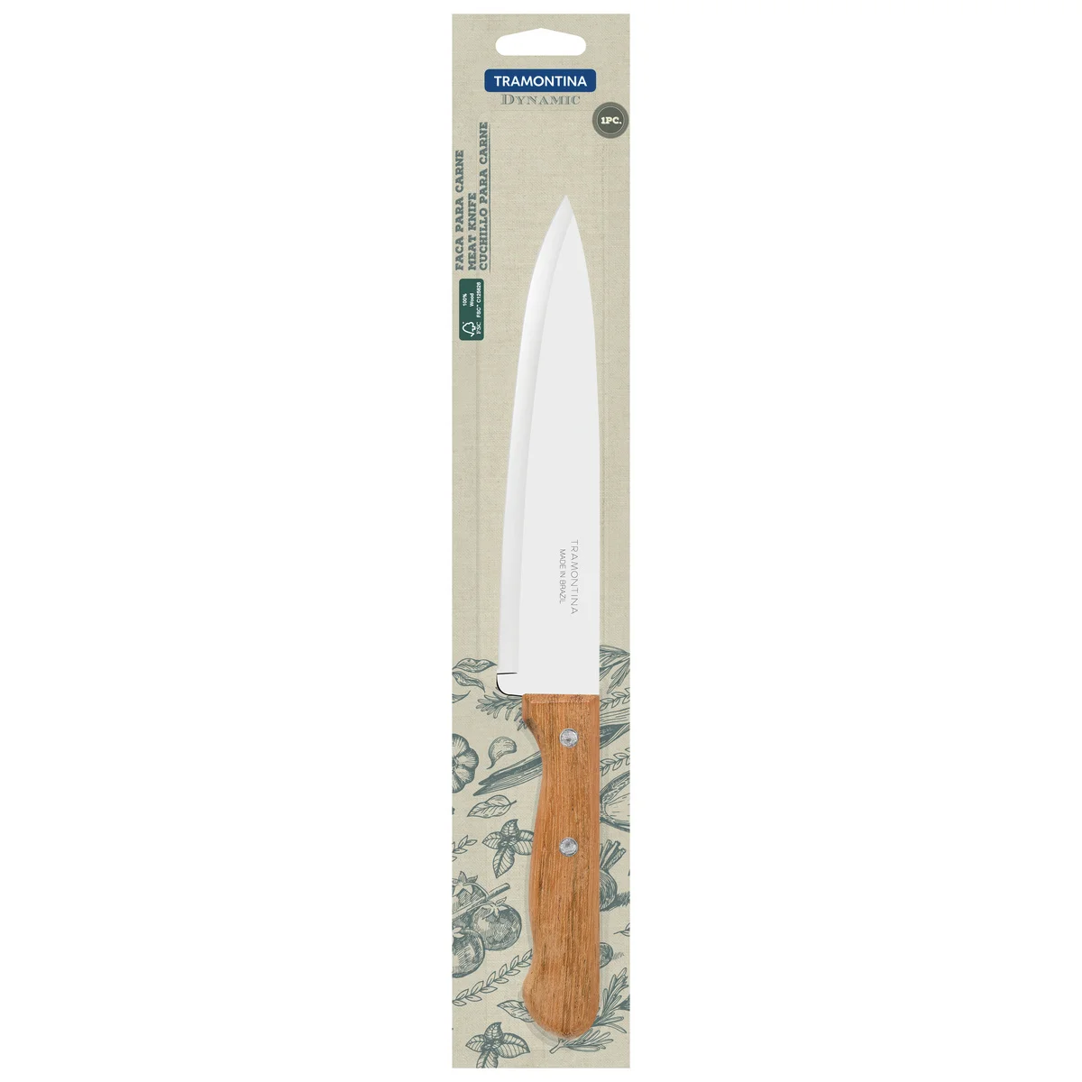 Faca Chef Tramontina Dynamic com Lâmina em Aço Inox e Cabo de Madeira Natural 8"