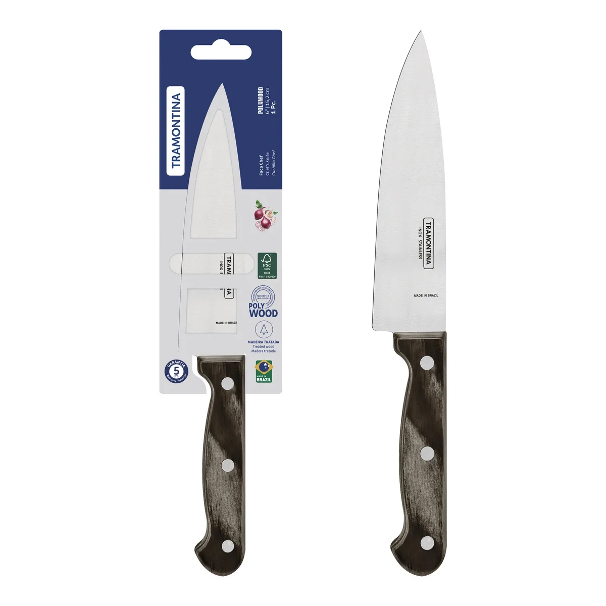 Faca Chef Tramontina Polywood com Lâmina em Aço Inox e Cabo de Madeira Tratada Castanho 6"