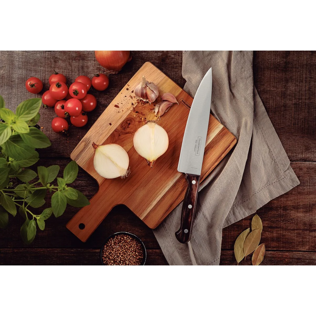 Faca Chef Tramontina Polywood com Lâmina em Aço Inox e Cabo de Madeira Tratada Castanho 8"