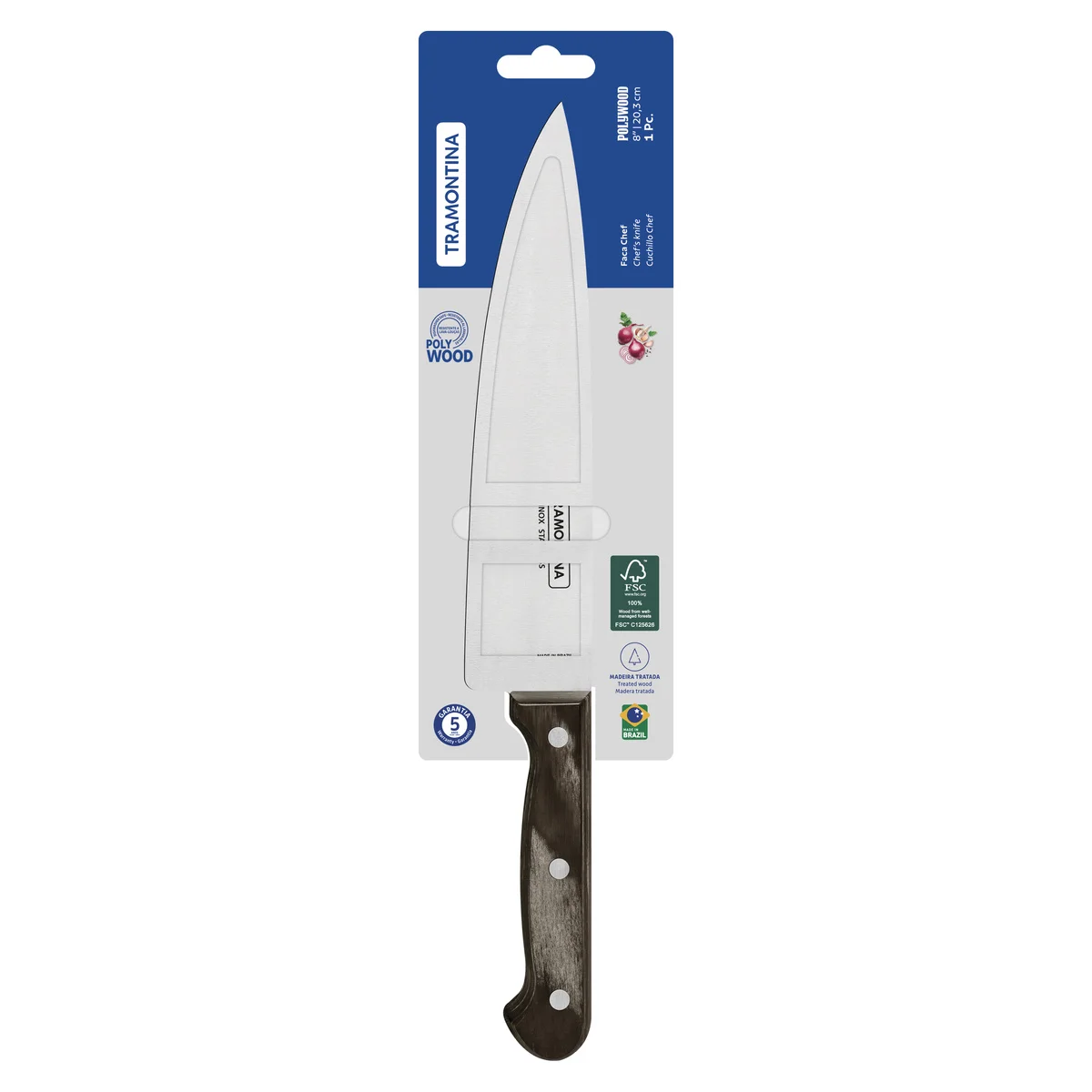Faca Chef Tramontina Polywood com Lâmina em Aço Inox e Cabo de Madeira Tratada Castanho 8"
