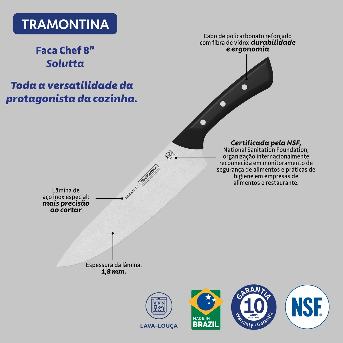 Faca Chef Tramontina Solutta com Lâmina em Aço Inox e Cabo em Policarbonato e Fibra de Vidro 8"