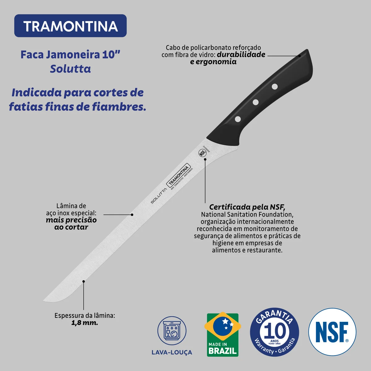 Faca Jamoneira Tramontina Solutta com Lâmina em Aço Inox e Cabo em Policarbonato e Fibra de Vidro 10"