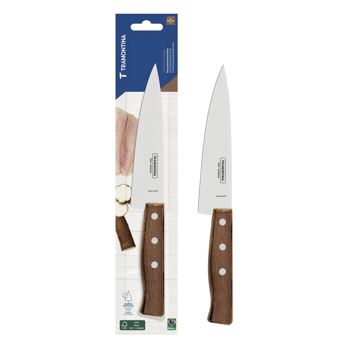Faca Peixeira e Cozinha Tramontina Tradicional com Lâmina em Aço Inox e Cabo em Madeira Natural 6"