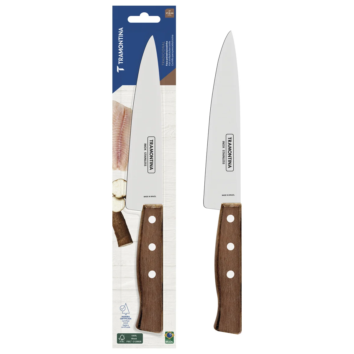 Faca Peixeira e Cozinha Tramontina Tradicional com Lâmina em Aço Inox e Cabo em Madeira Natural 7"