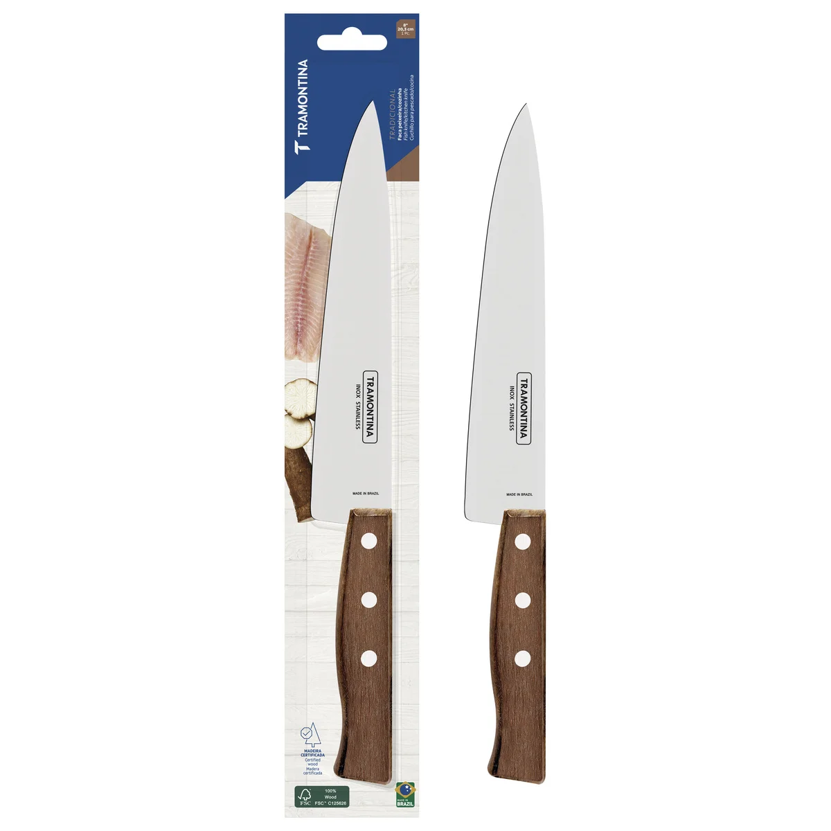 Faca Peixeira e Cozinha Tramontina Tradicional com Lâmina em Aço Inox e Cabo em Madeira Natural 8"