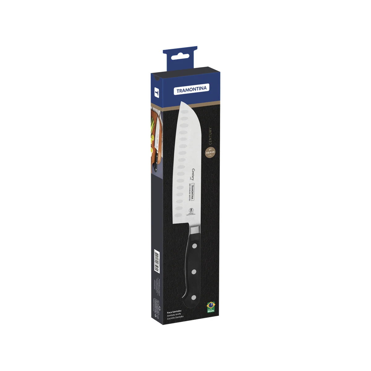 Faca Santoku Tramontina Century com Lâmina em Aço Inox e Cabo em Policarbonato Preto e Fibra de Vidro 7"