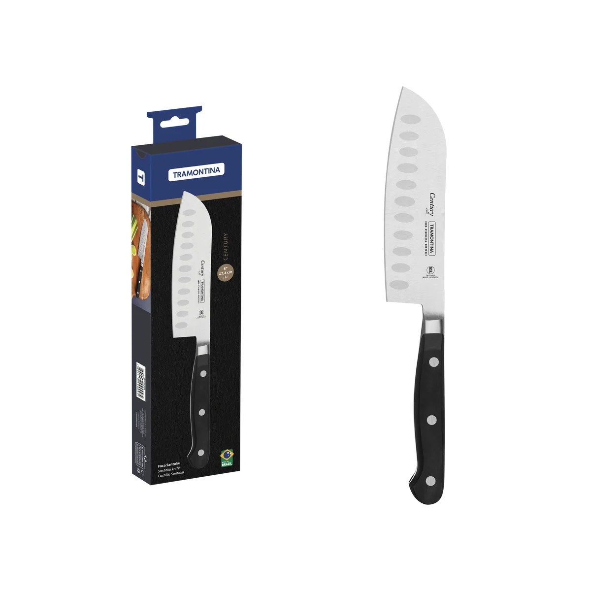 Faca Santoku Tramontina Century com Lâmina em Aço Inox e Cabo em Policarbonato Preto e Fibra de Vidro 5"