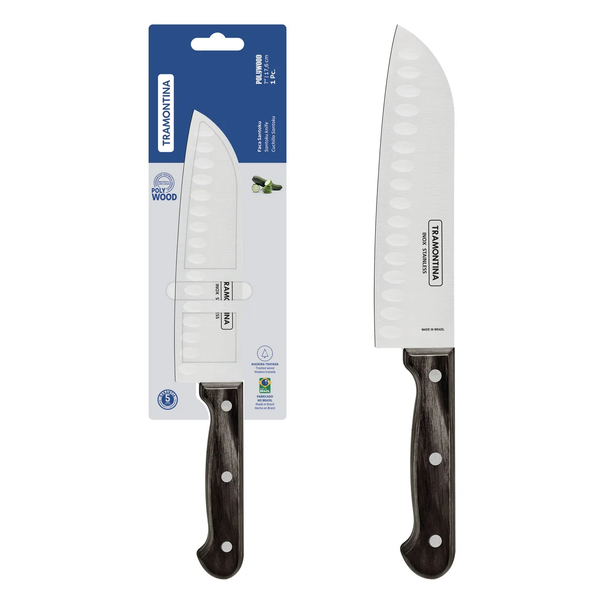 Faca Santoku Tramontina com Lâmina em Aço Inox e Cabo em Madeira Tratada Polywood Castanho 7"