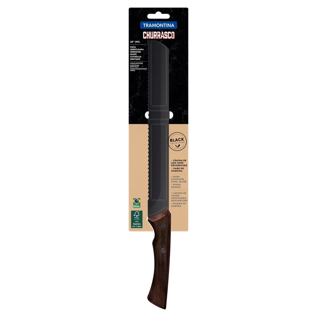 Faca Serrilhada Tramontina Churrasco Black com Lâmina em Aço Inox Escurecido e Cabo de Madeira 10"
