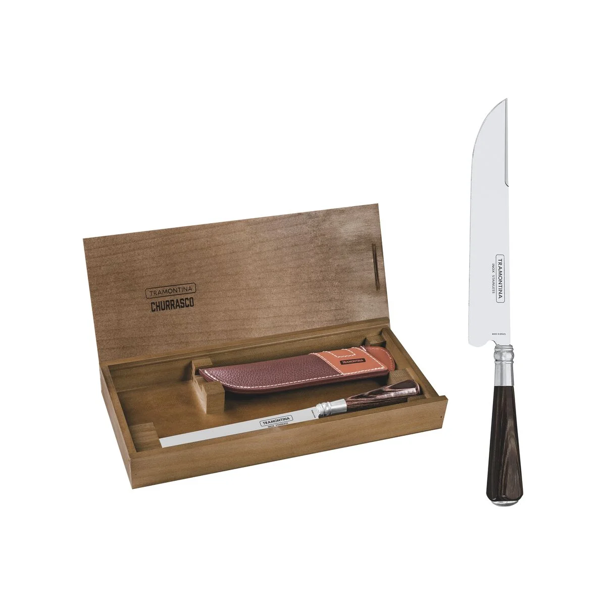 Faca Tramontina para Carne 7" Tropeira em Aço Inox Cabo Castanho Polywood com Bainha de Couro e Estojo de Madeira