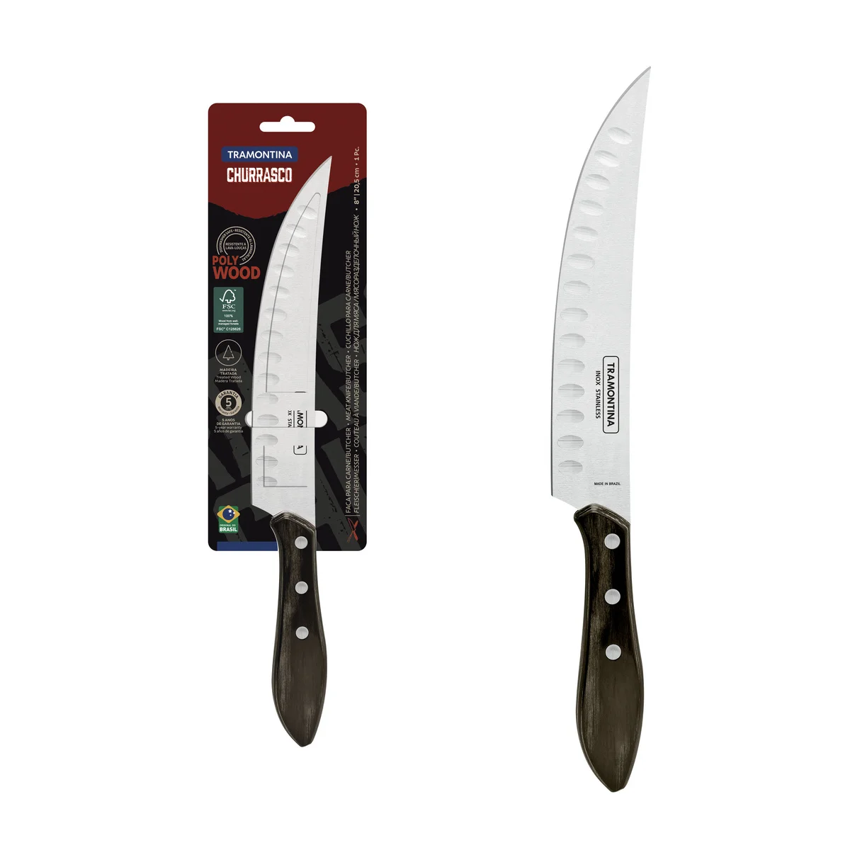 Faca para Carne Butcher Tramontina com Lâmina em Aço Inox e Cabo em Madeira Tratada Polywood Castanho 8"