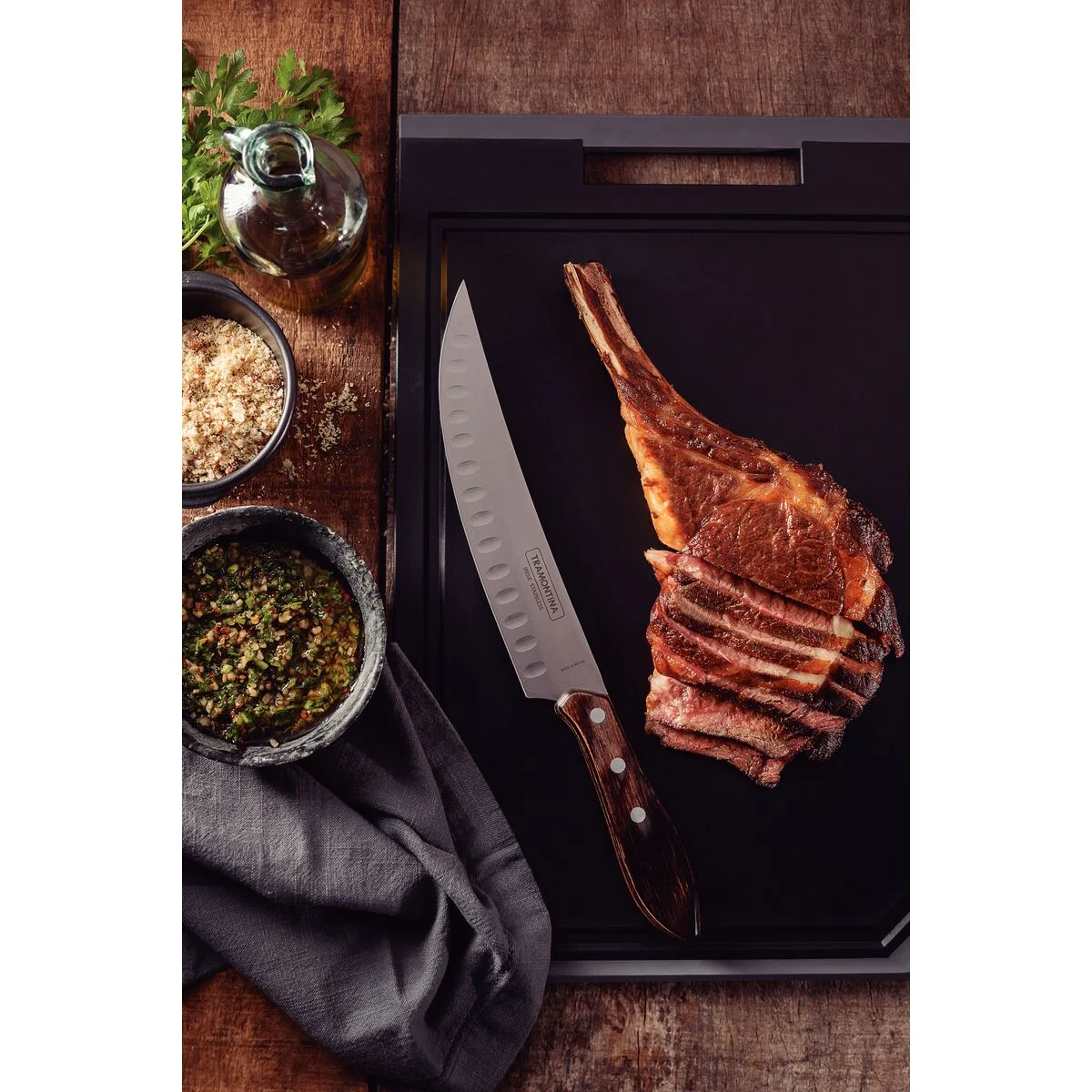 Faca para Carne Butcher Tramontina com Lâmina em Aço Inox e Cabo em Madeira Tratada Polywood Castanho 8"