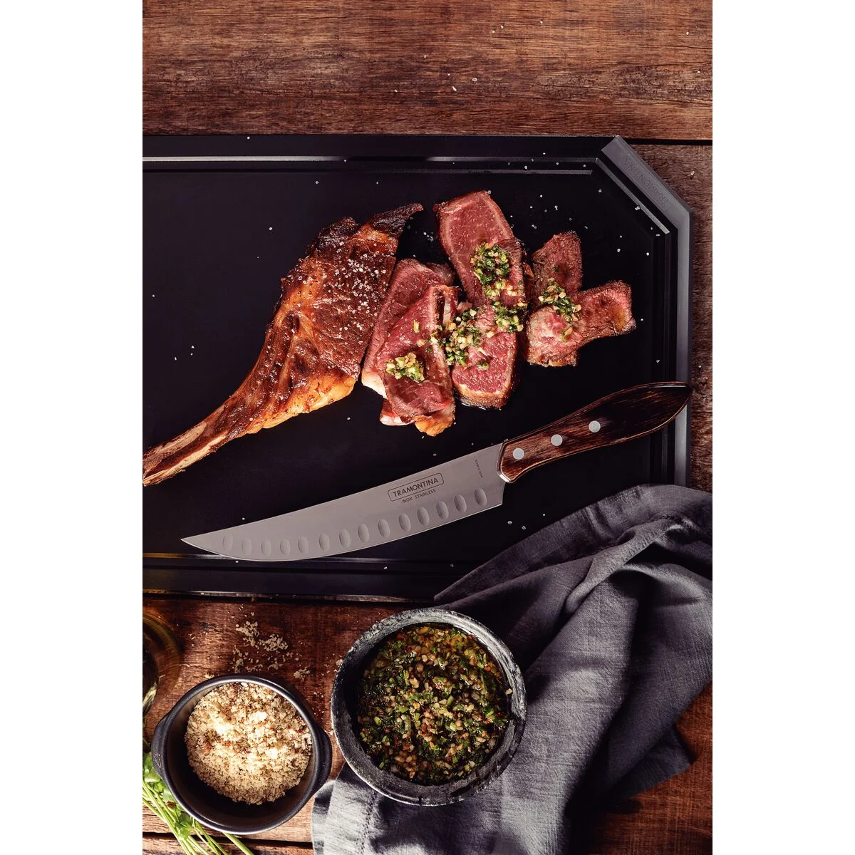 Faca para Carne Butcher Tramontina com Lâmina em Aço Inox e Cabo em Madeira Tratada Polywood Castanho 8"