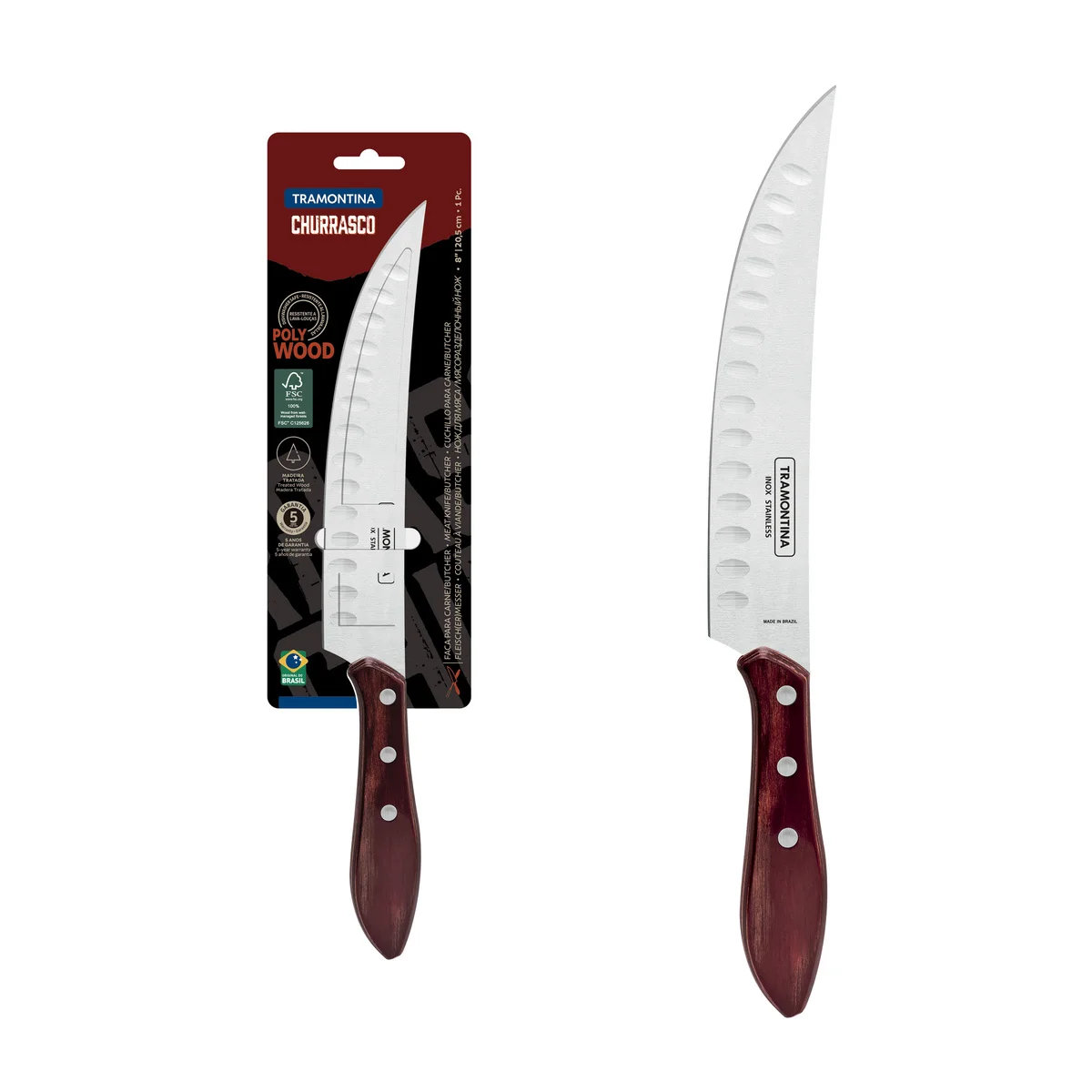 Faca para Carne Butcher Tramontina com Lâmina em Aço Inox e Cabo em Madeira Tratada Polywood Vermelho 8"