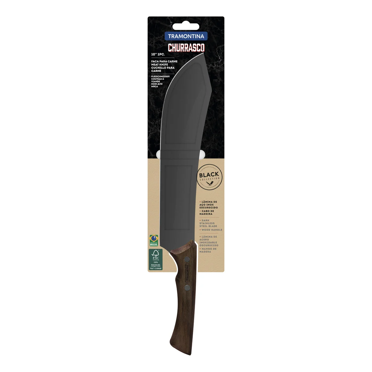 Faca para Carne Tramontina Churrasco Black com Lâmina de Aço Inox Escurecido e Cabo de Madeira 10"