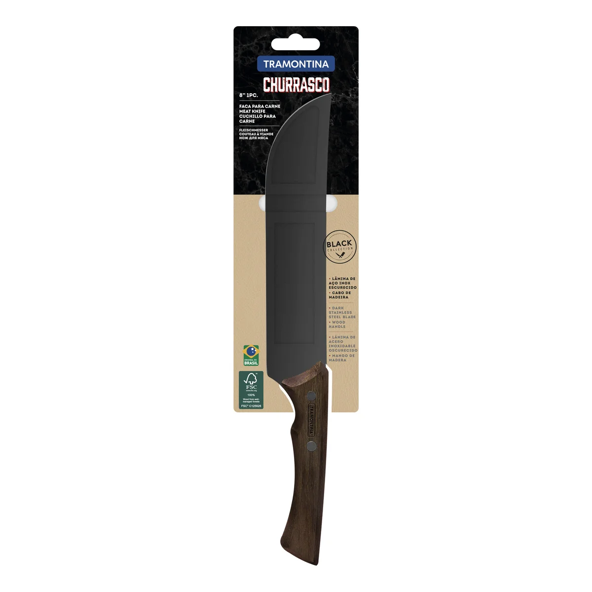 Faca para Carne Tramontina Churrasco Black com Lâmina em Aço Inox Escurecido e Cabo de Madeira 8"