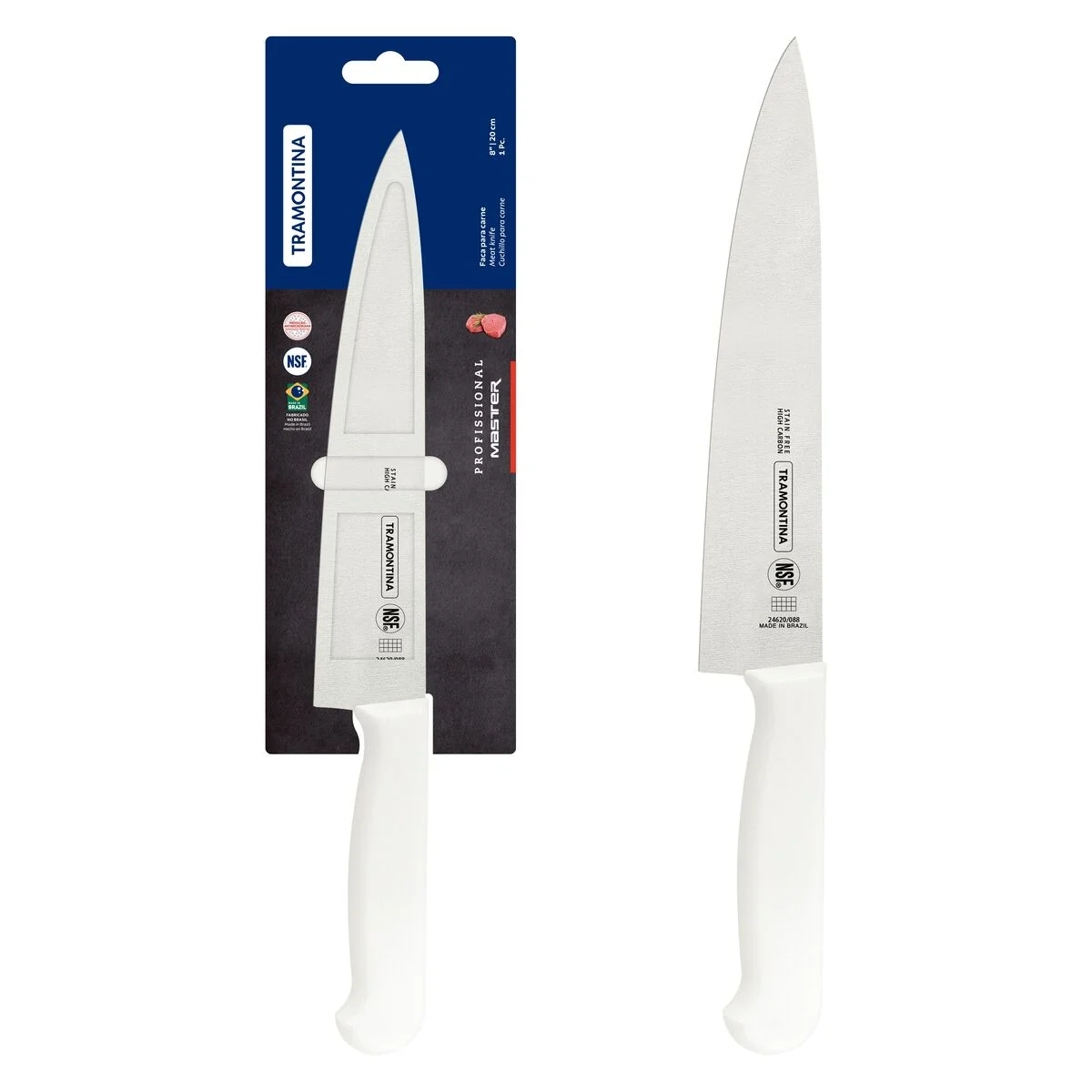 Faca para Carne Tramontina Profissional Master com Lâmina de Aço Inox e Cabo de Polipropileno Branco com Proteção Antimicrobiana 8"