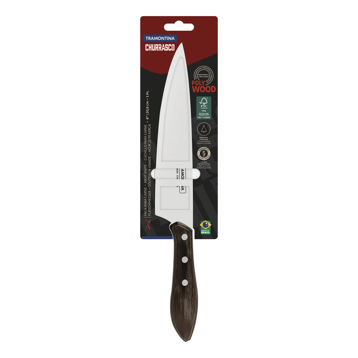 Faca para Carne Tramontina com Lâmina em Aço Inox e Cabo de Madeira Tratada Polywood Castanho 8"