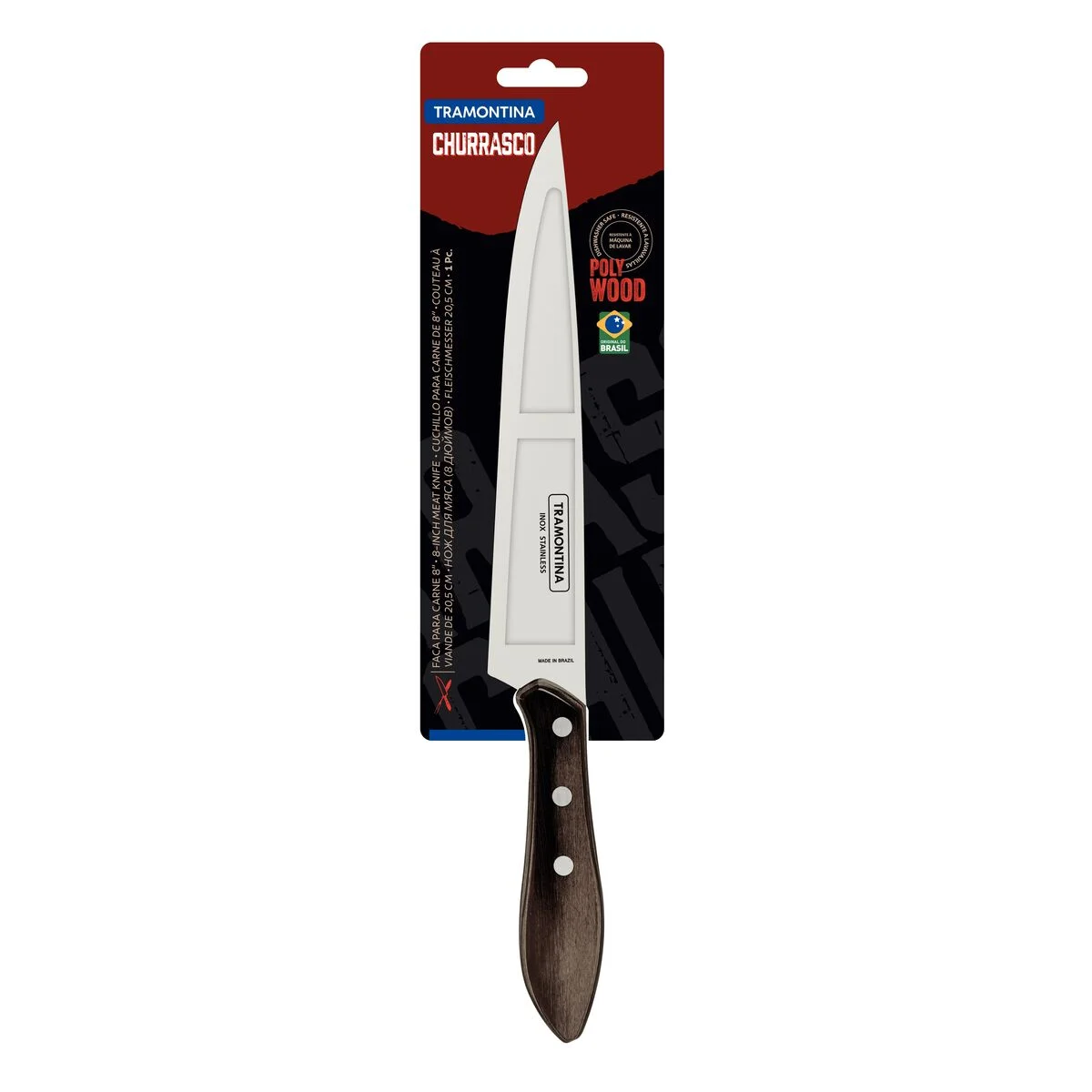 Faca para Carne Tramontina com Lâmina em Aço Inox e Cabo de Madeira Tratada Polywood Castanho 8"