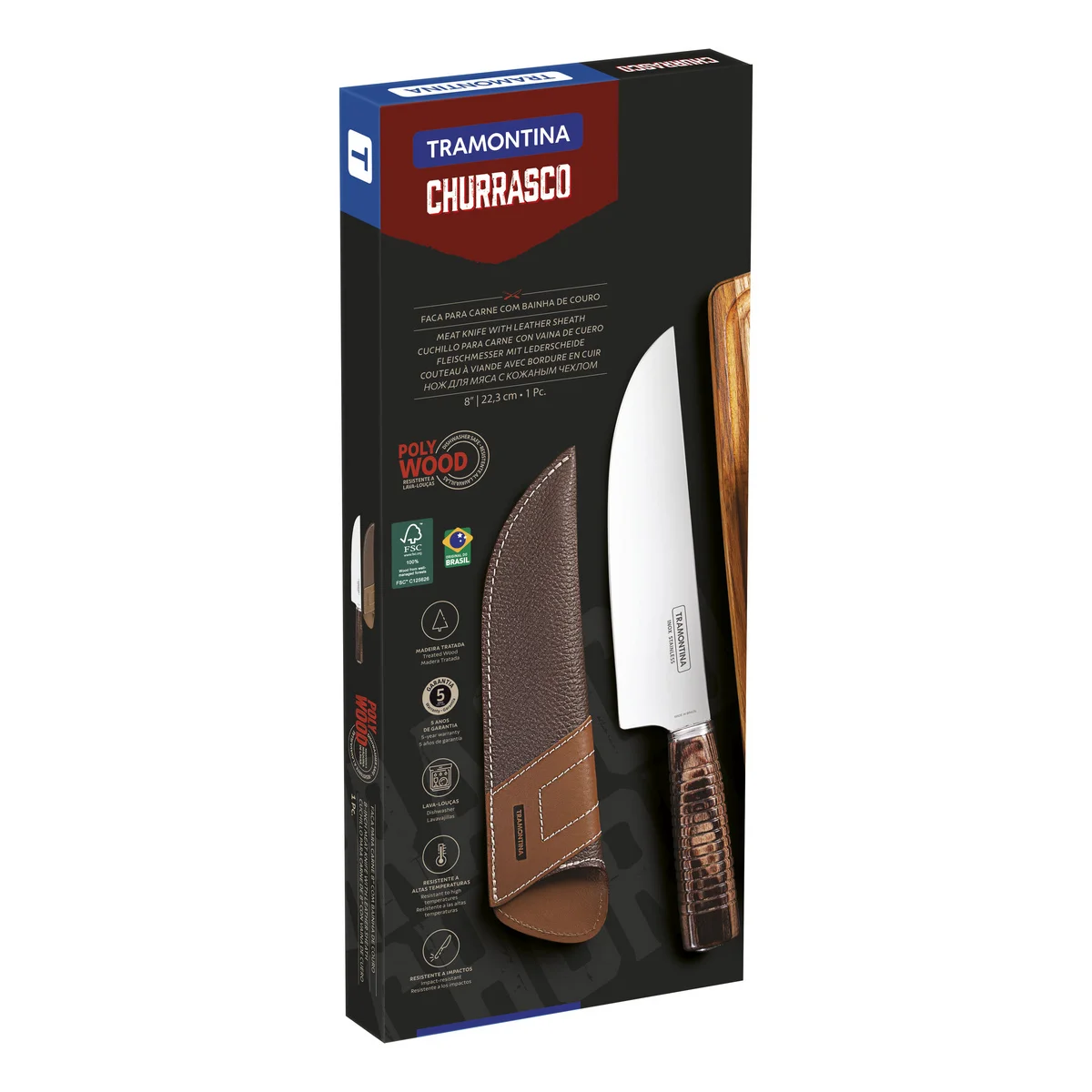 Faca para Carne Tramontina com Lâmina em Aço Inox e Cabo de Madeira Tratada Polywood Castanho com Bainha de Couro 8"