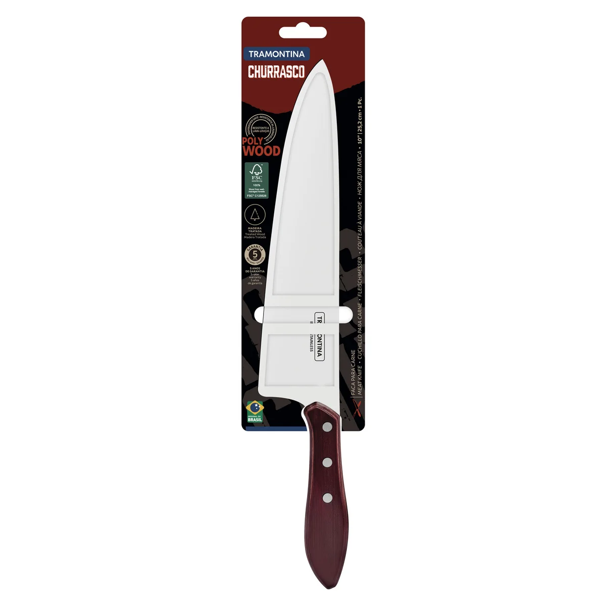 Faca para Carne Tramontina com Lâmina em Aço Inox e Cabo de Madeira Tratada Polywood Vermelho 10"
