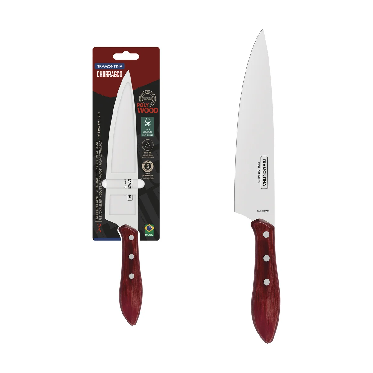 Faca para Carne Tramontina com Lâmina em Aço Inox e Cabo de Madeira Tratada Vermelho Polywood 8"