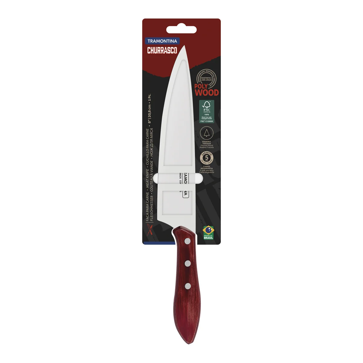 Faca para Carne Tramontina com Lâmina em Aço Inox e Cabo de Madeira Tratada Vermelho Polywood 8"