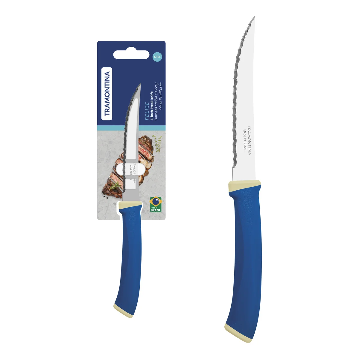 Faca para Churrasco Tramontina Felice com Lâmina em Aço Inox com Fio Microsserrilhado e Cabo de Polipropileno Azul 5"