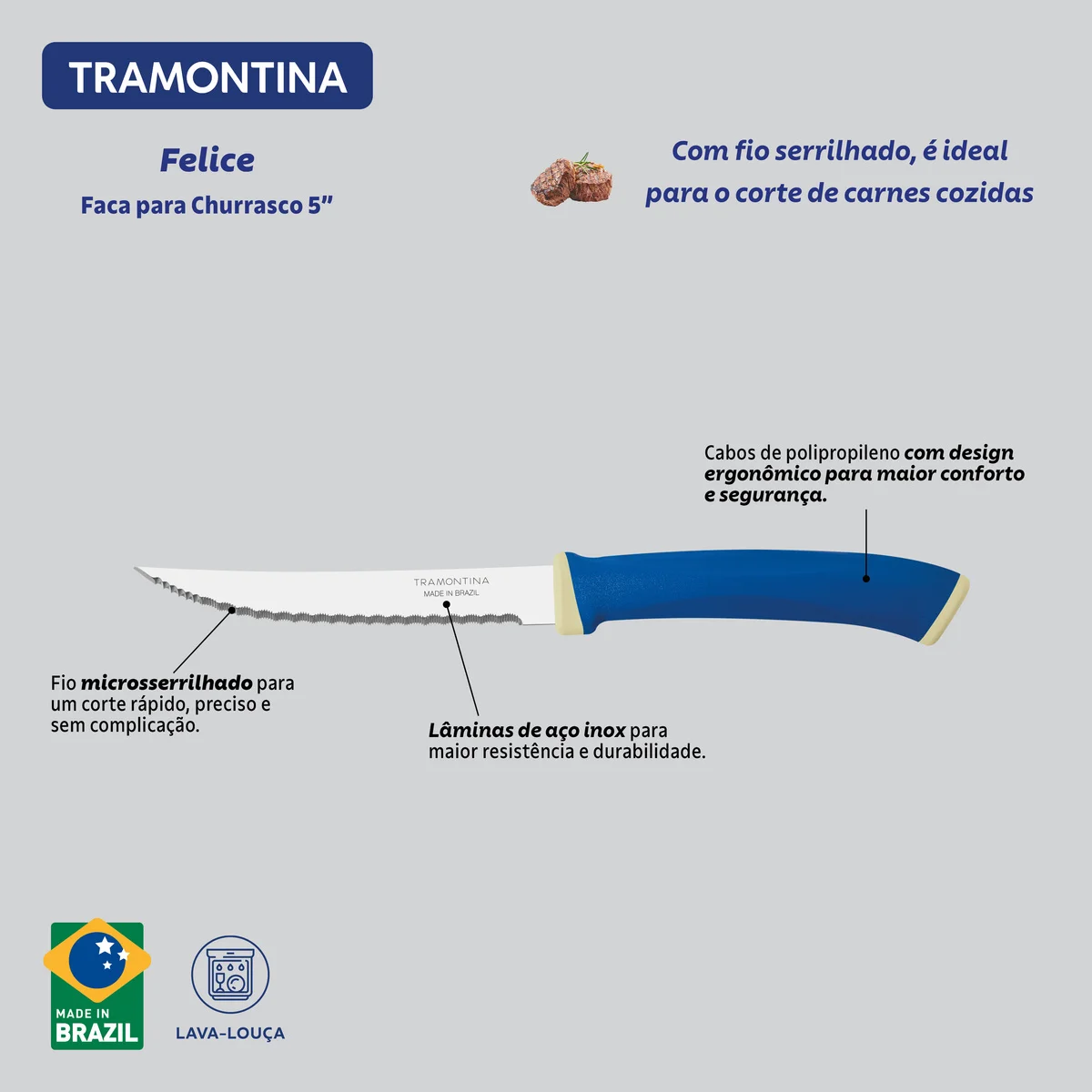 Faca para Churrasco Tramontina Felice com Lâmina em Aço Inox com Fio Microsserrilhado e Cabo de Polipropileno Azul 5"