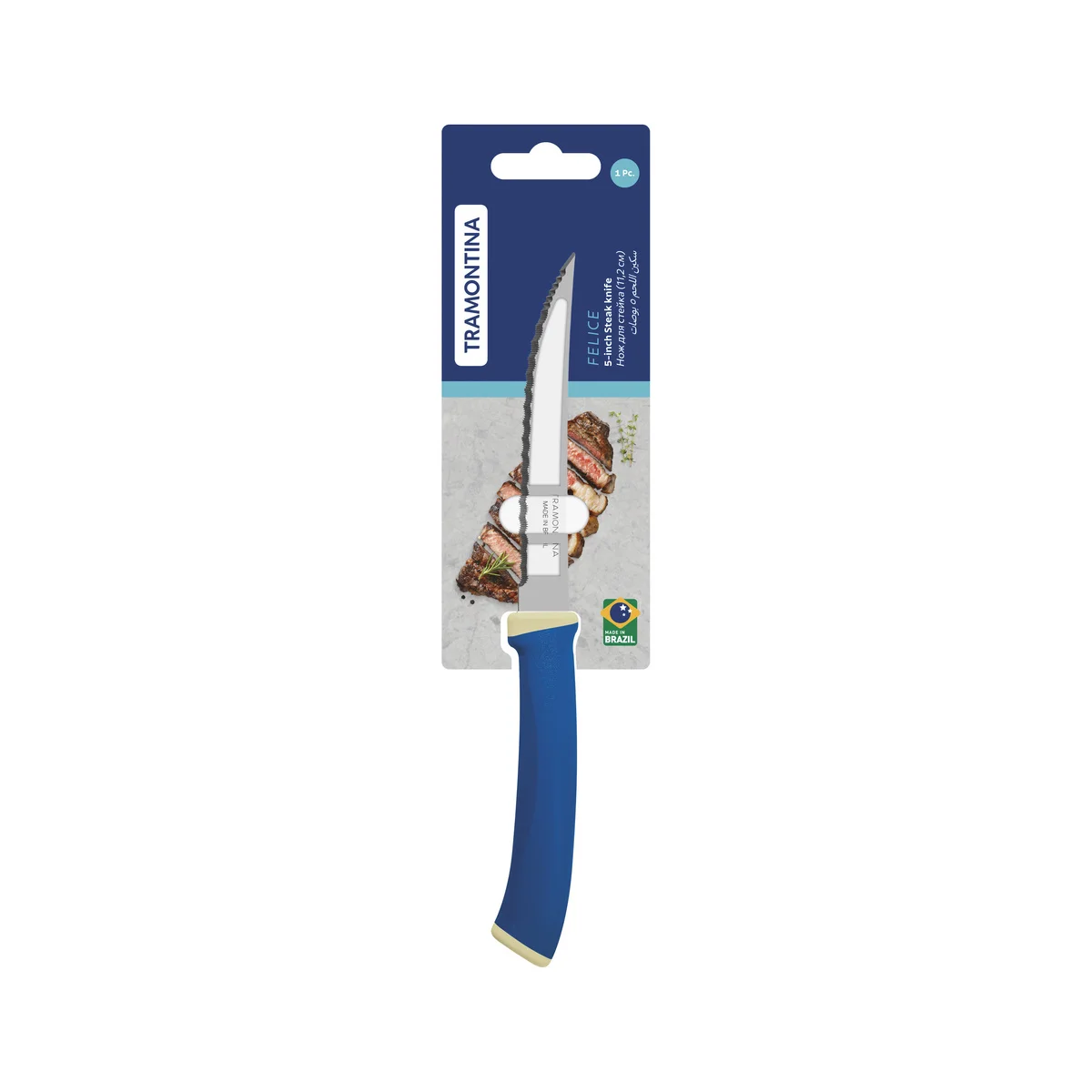 Faca para Churrasco Tramontina Felice com Lâmina em Aço Inox com Fio Microsserrilhado e Cabo de Polipropileno Azul 5"