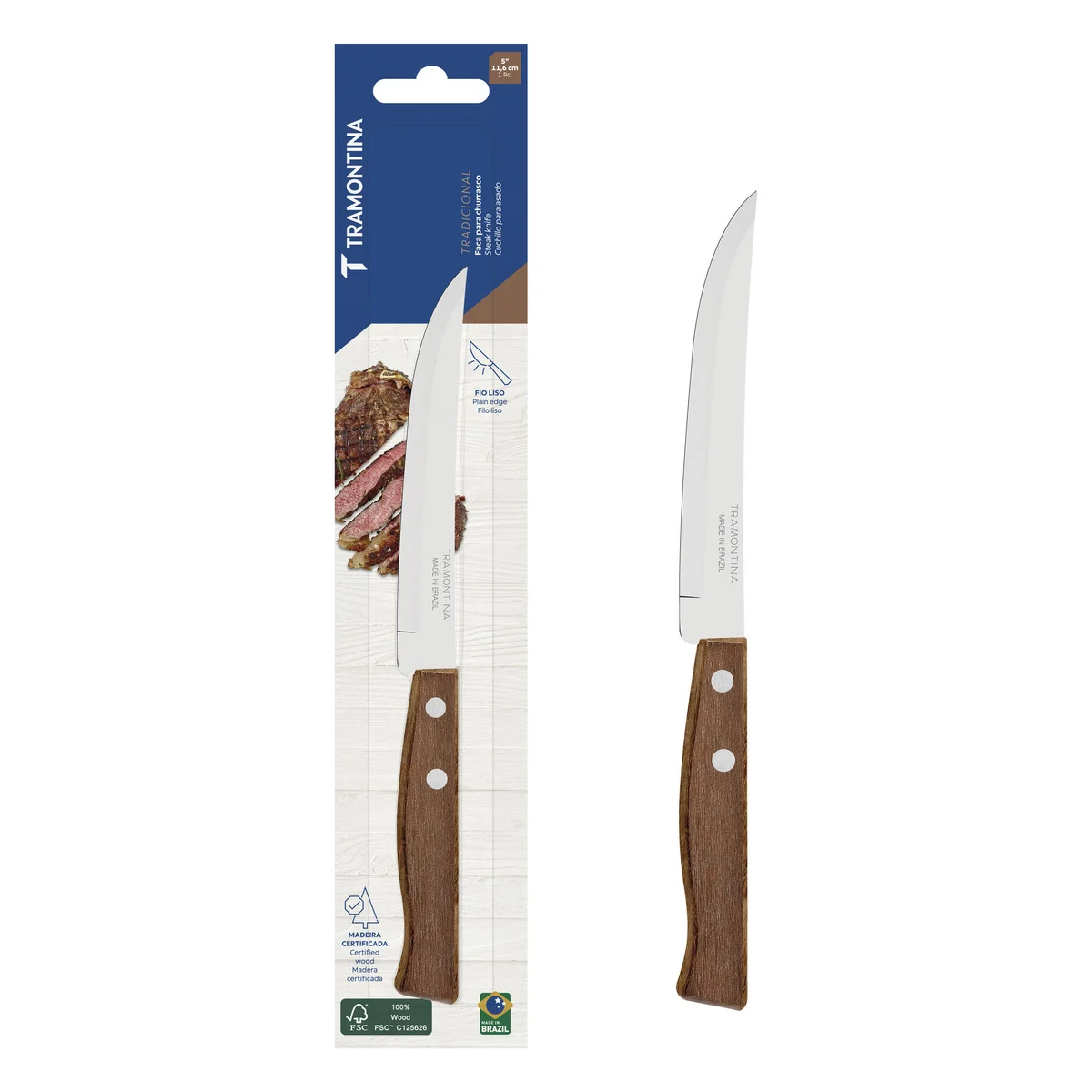 Faca para Churrasco Tramontina Tradicional com Lâmina em Aço Inox com Fio Liso e Cabo em Madeira Natural 5"