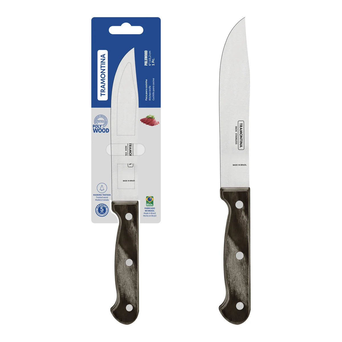 Faca para Cozinha Tramontina Polywood com Lâmina em Aço Inox e Cabo de Madeira Tratada Castanho 6"
