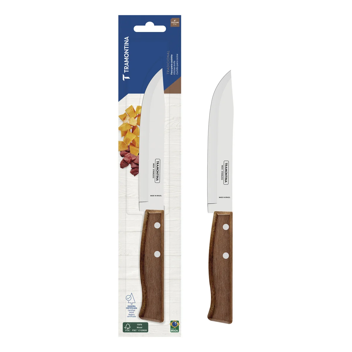 Faca para Cozinha Tramontina Tradicional com Lâmina em Aço Inox e Cabo em Madeira Natural 6"