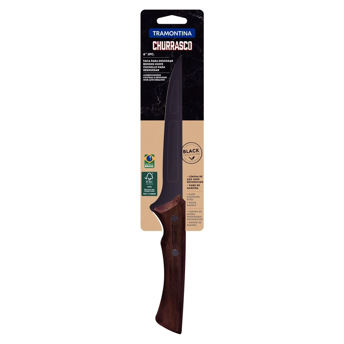 Faca para Desossar Tramontina Churrasco Black com Lâmina em Aço Inox Escurecido e Cabo de Madeira 6"