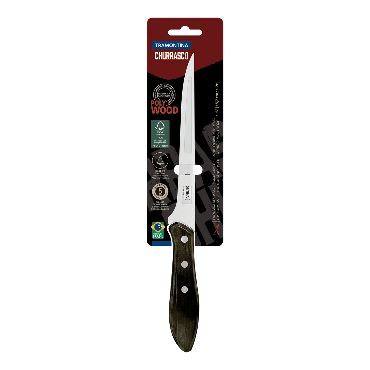 Faca para Desossar Tramontina com Lâmina em Aço Inox e Cabo de Madeira Tratada Polywood Castanho 6"