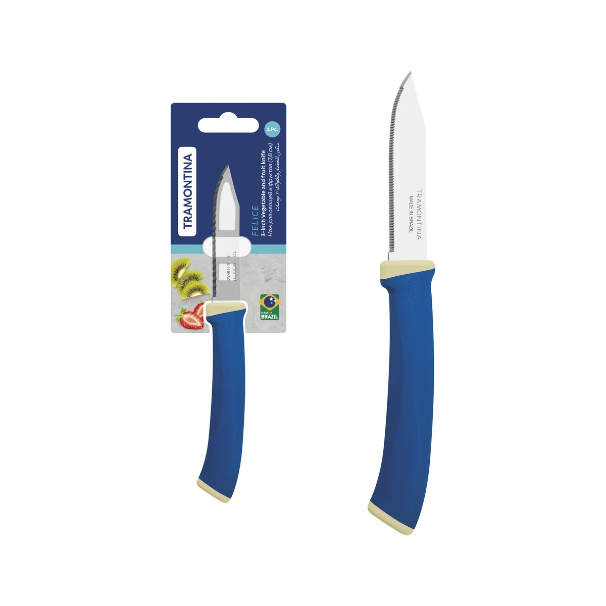 Faca para Legumes e Frutas Tramontina Felice com Lâmina em Aço Inox com Fio Microsserrilhado e Cabo de Polipropileno Azul 3"