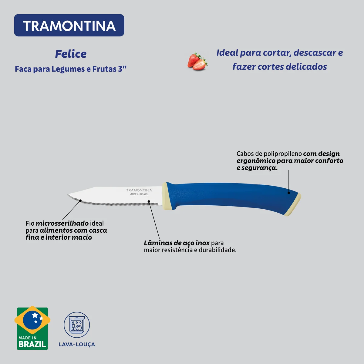Faca para Legumes e Frutas Tramontina Felice com Lâmina em Aço Inox com Fio Microsserrilhado e Cabo de Polipropileno Azul 3"