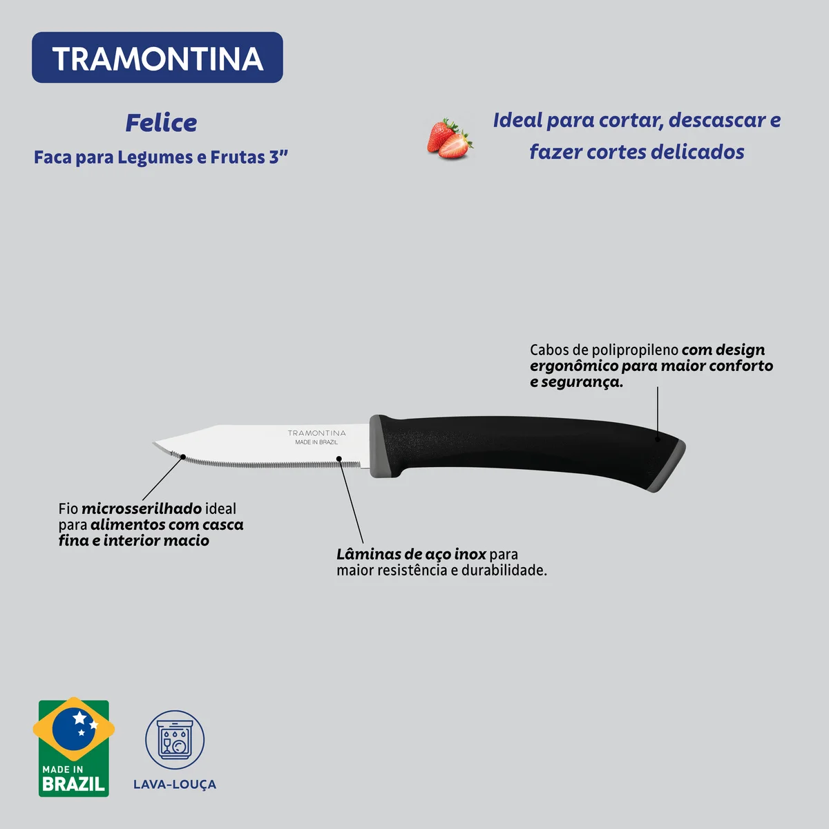 Faca para Legumes e Frutas Tramontina Felice com Lâmina em Aço Inox com Fio Microsserrilhado e Cabo de Polipropileno Preto 3"
