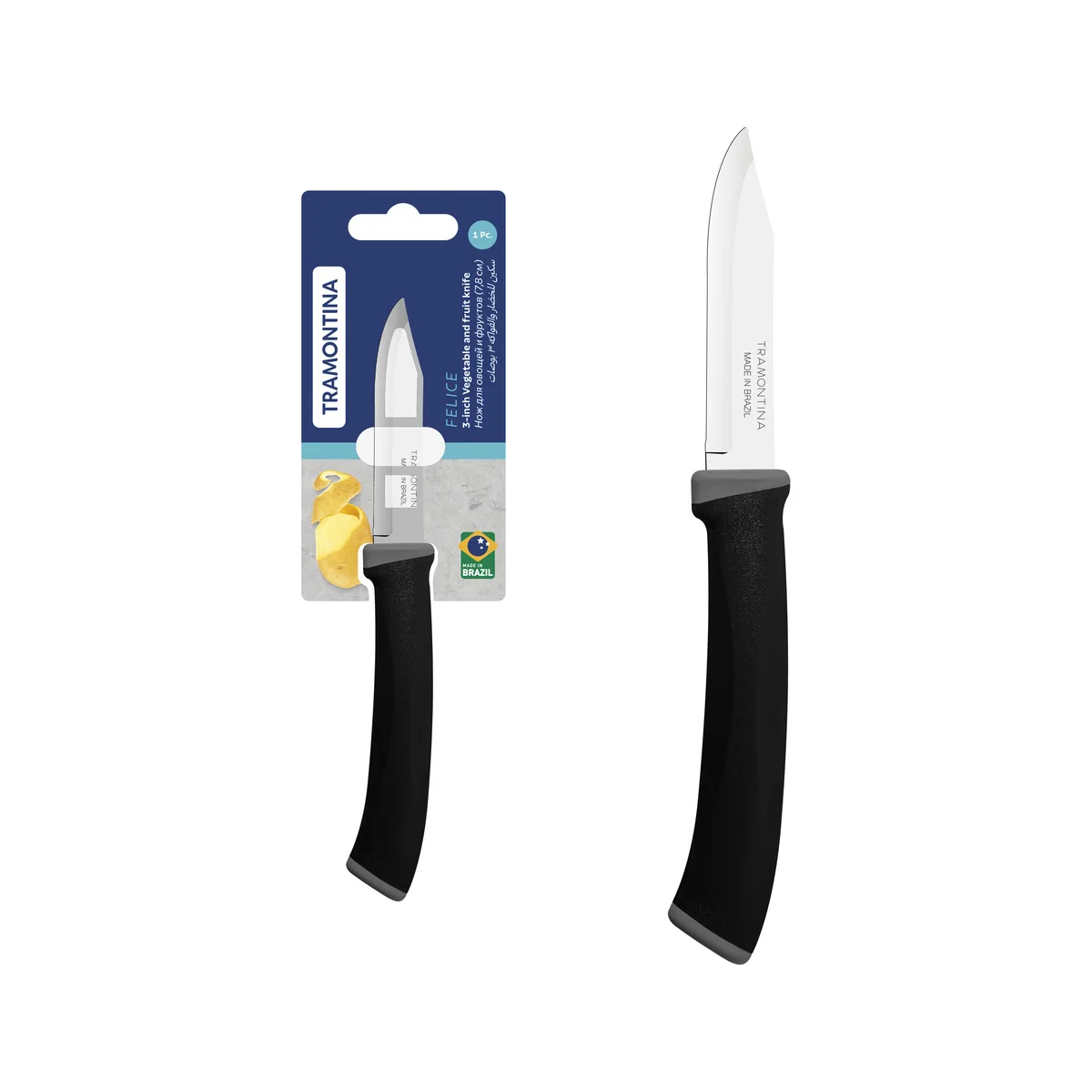 Faca para Legumes e Frutas Tramontina Felice com Lamina de aco Inox e Cabo em Polipropileno Preto 3"