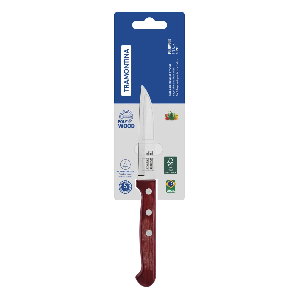 Faca para Legumes e Frutas Tramontina Polywood com Lâmina em Aço Inox e Cabo de Madeira Tratada Vermelho 3"
