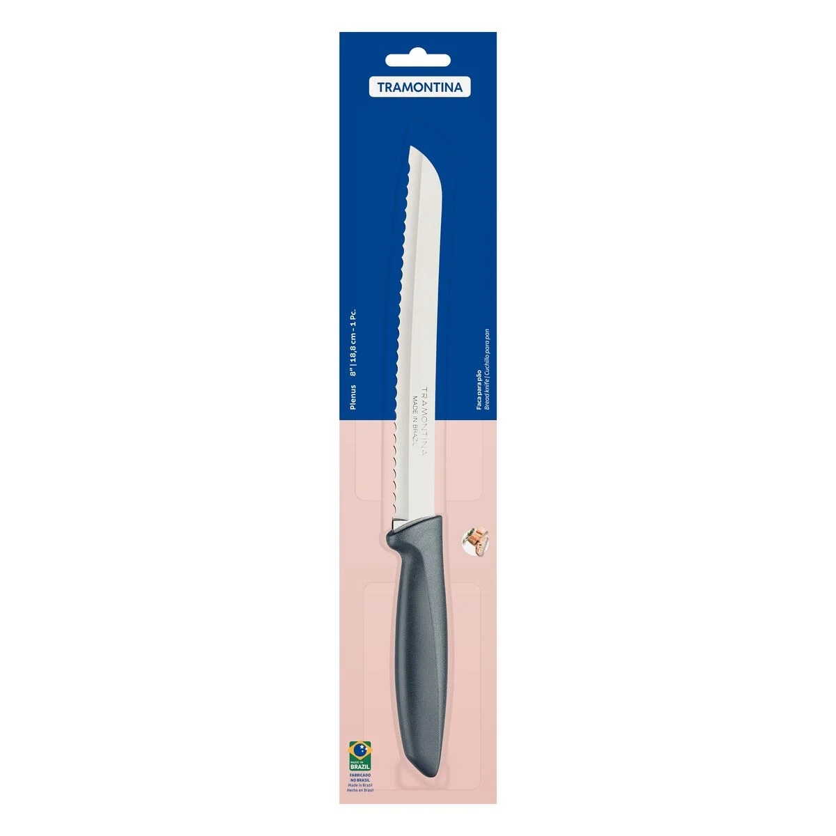 Faca para Pão Tramontina Plenus com Lâmina em Aço Inox e Cabo de Polipropileno Cinza 8"