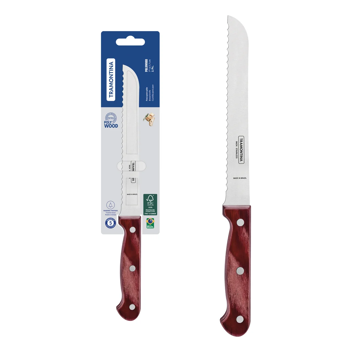 Faca para Pão Tramontina Polywood com Lâmina em Aço Inox e Cabo de Madeira Tratada Vermelho 7"