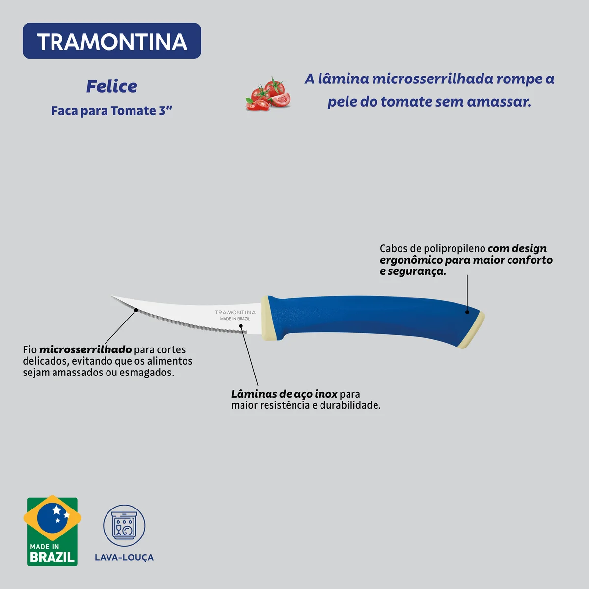 Faca para Tomate Tramontina Felice com Lâmina em Aço Inox e Cabo de Polipropileno Azul 3"