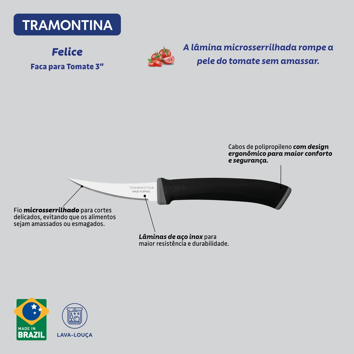 Faca para Tomate Tramontina Felice com Lâmina em Aço Inox e Cabo de Polipropileno Preto 3"